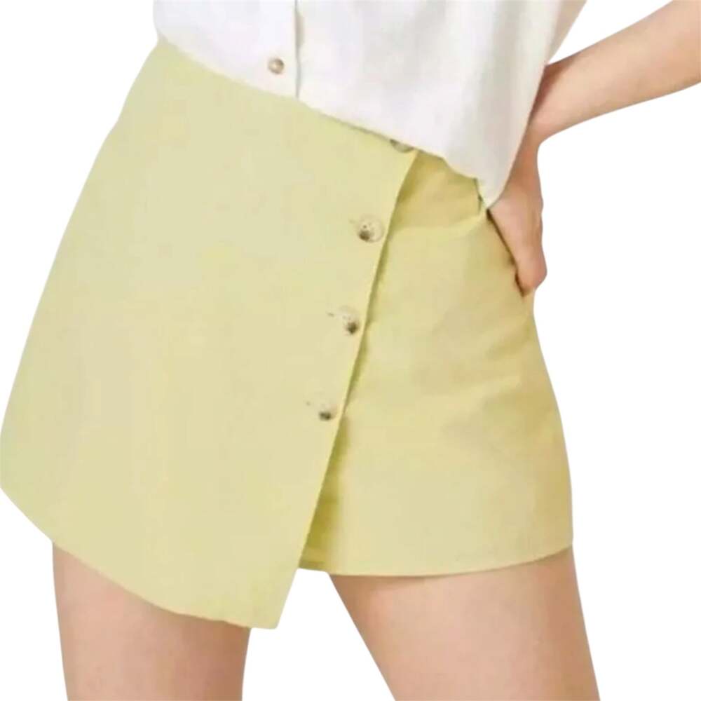 Anthropologie Flat White Linen Skort Asymmetric Wrap Button High Waist Yellow XL